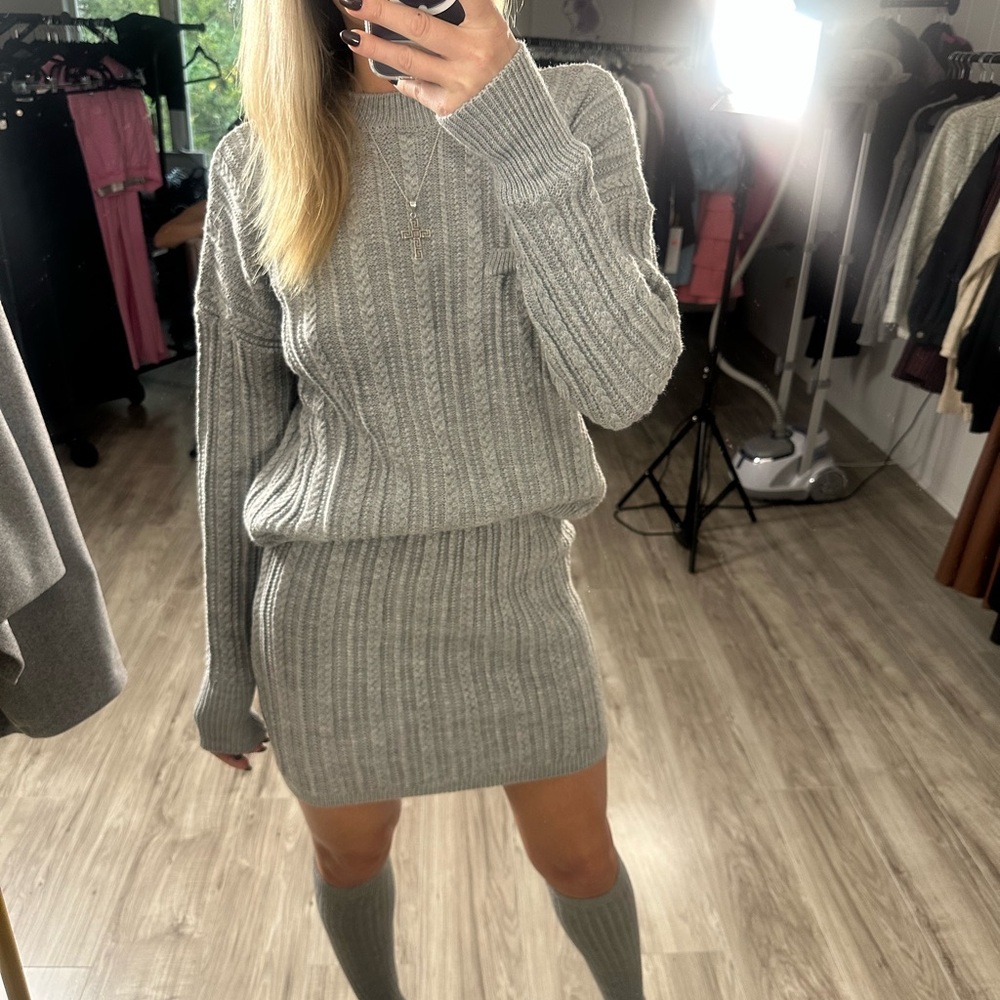 Gray Ribbed Knit Sweater and Skirt Set